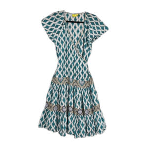 Roberta Roller Rabbit Green White Pattern Wrap Mini Dress  Women’s Size Medium